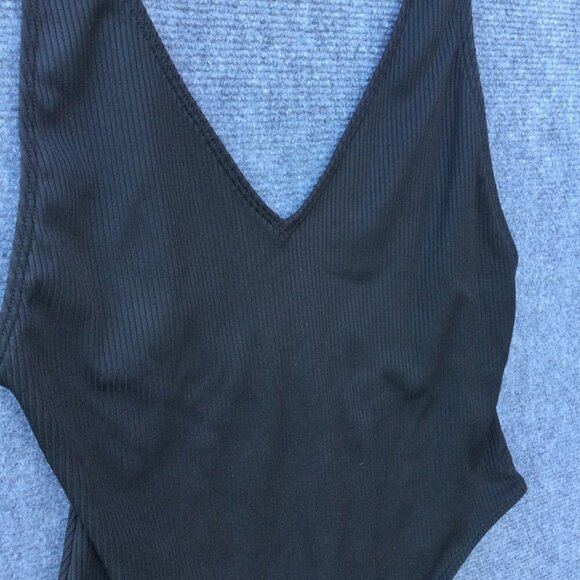 Forever 21 Swimsuit Black High Cut Leg Low Vneck Cheeky Ribbed Medium - Picture 3 of 6